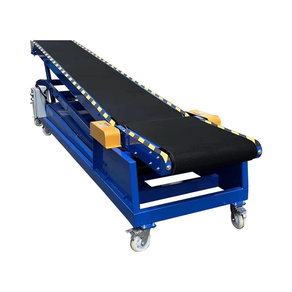 Hydraulic lifting belt conveyor with inclined belt and adjustable support frame